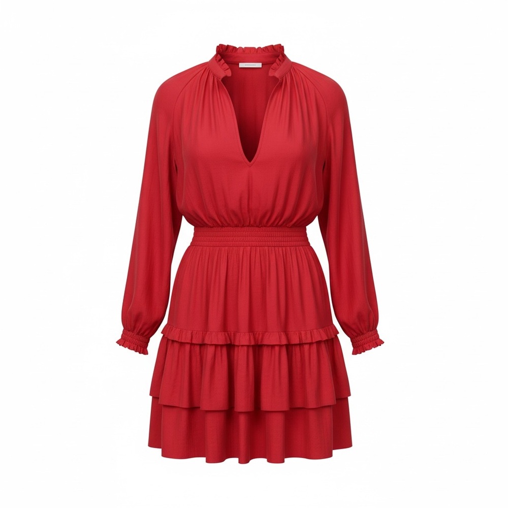 Maje Red Mini Dress | Smocked Waist |Long Sleeve | Tiered Skirt | Size 36 US S - Picture 3 of 6